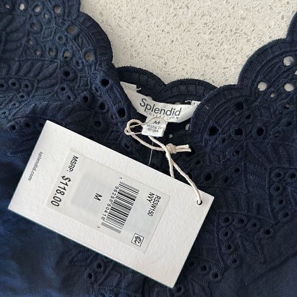 NWT Splendid Eyelet Navy Blue Tank M V Neck Cotton Adjustable Straps Loose Fit - Picture 9 of 14